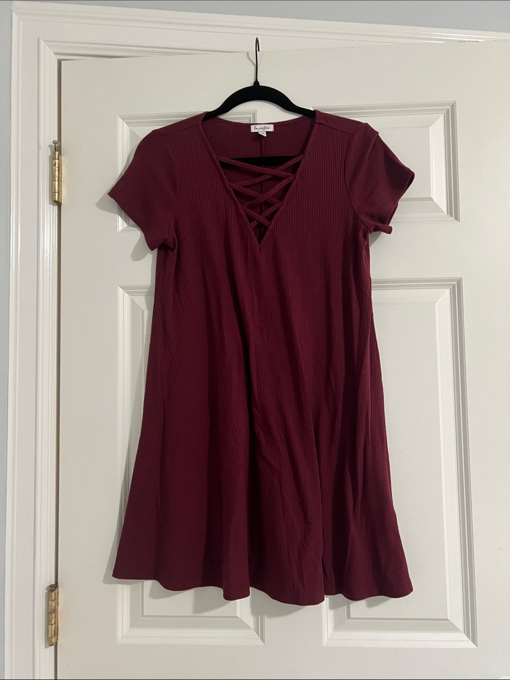 Crisscross V-Neck Swing Dress in Burgundy